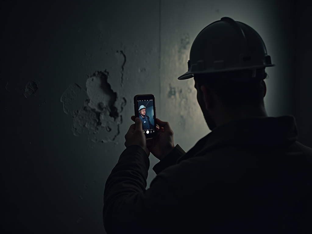 Ingenieur fotografiert einen Mangel auf der Baustelle mit dem Smartphone