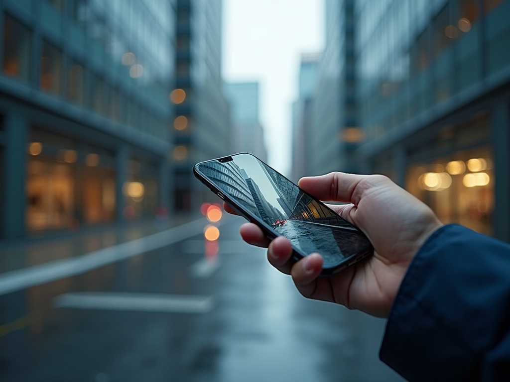 First-Person-Ansicht eines Rundgangs durch den Rohbau mit dem Smartphone in der Hand