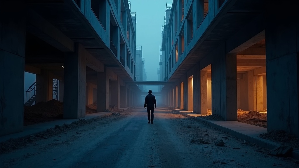 First-Person-Ansicht einer Baustellenbegehung im Rohbau bei Dämmerung